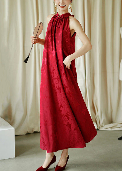 Cotton Red Jacquard Sleeveless Bow Loose Maxi Dresses