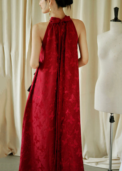 Cotton Red Jacquard Sleeveless Bow Loose Maxi Dresses