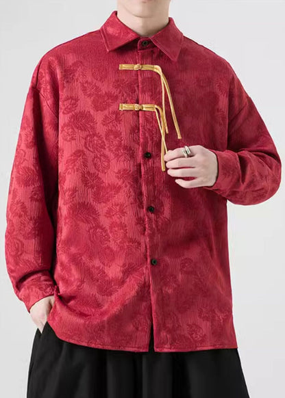 Chemise polaire chaude à boutons et col Peter Pan en jacquard rouge pour homme, hiver WJ027