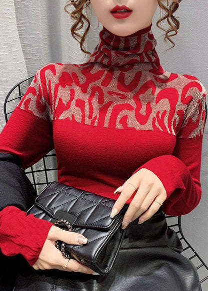Spring Jacquard T Patchwork Red Cotton Shirts Turtleneck
