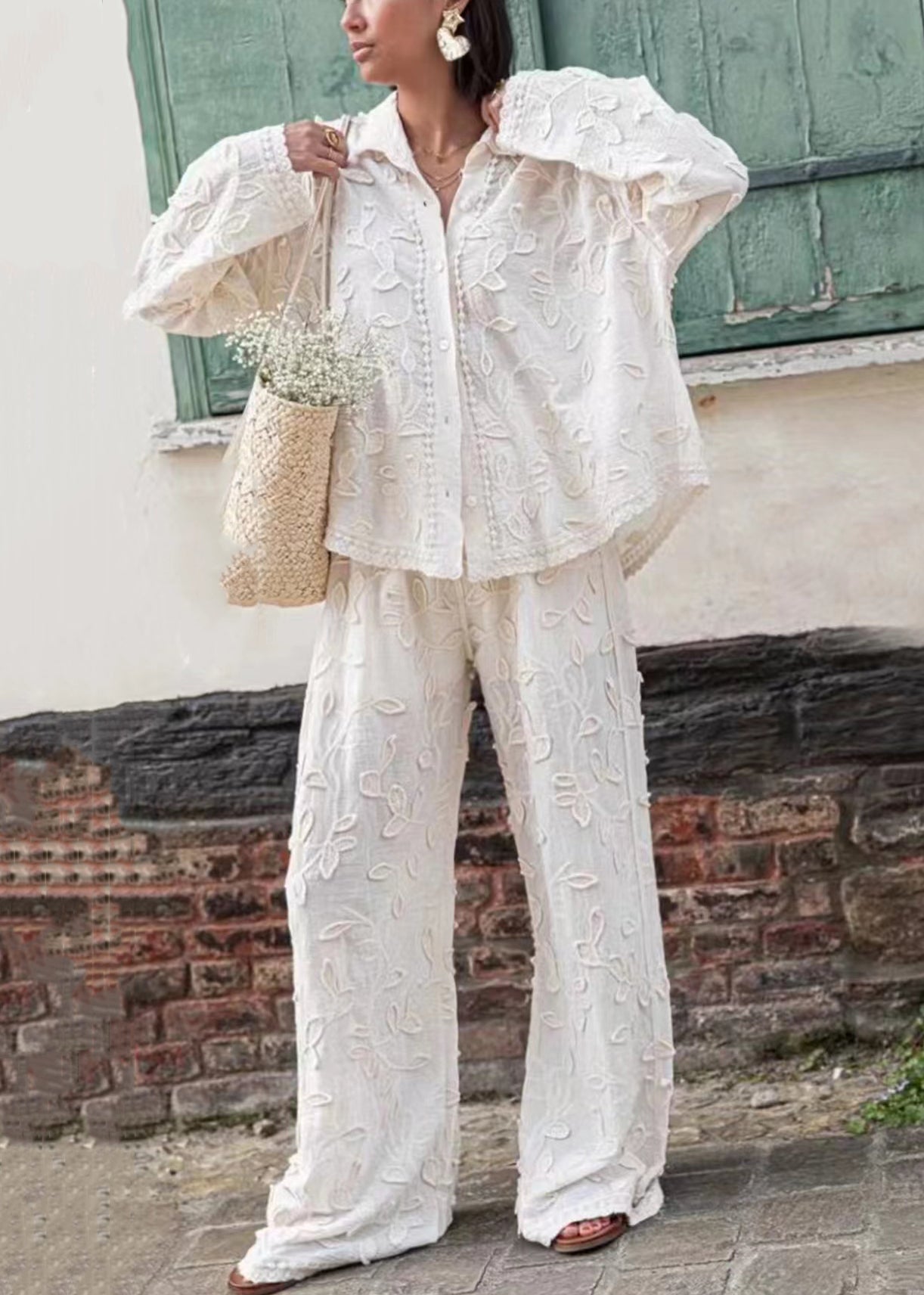 Jacquard White Button Cotton Shirts And Pants Sets 2 Pieces Long Sleeve BB070