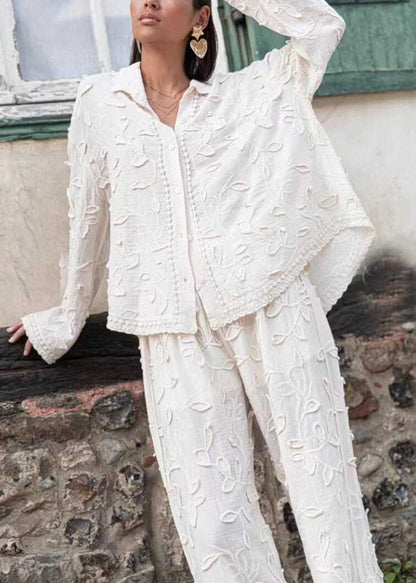 Jacquard White Button Cotton Shirts And Pants Sets 2 Pieces Long Sleeve BB070