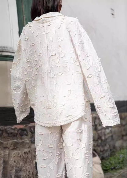 Jacquard White Button Cotton Shirts And Pants Sets 2 Pieces Long Sleeve BB070