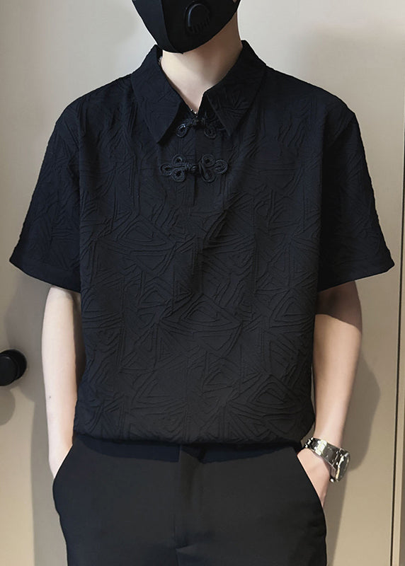 Polo Jacquard Solid Chinese Cotton Button Shirts Mens White