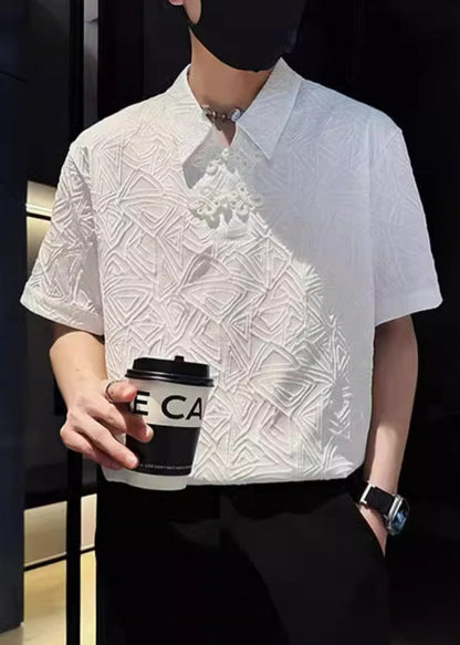 Polo Jacquard Solid Chinese Cotton Button Shirts Mens White
