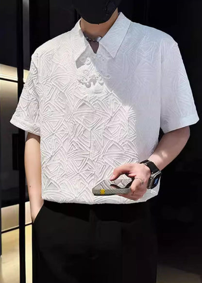 Polo Jacquard Solid Chinese Cotton Button Shirts Mens White