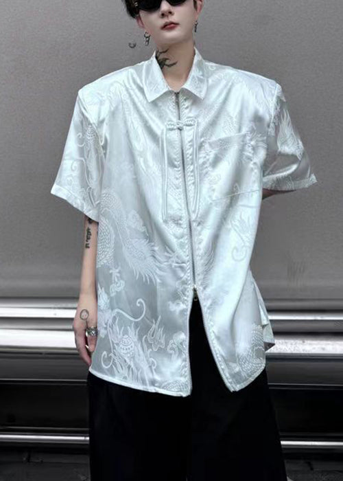 Jacquard White Peter Pan Collar Button Silk Men Shirts Summer YT061