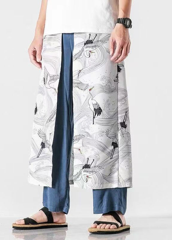 Pantalon décontracté japonais en coton imprimé oriental bleu paon pour homme, été SA049