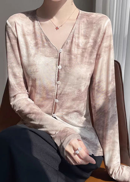 V T Fall Print Shirts Tulle Button Neck Khaki