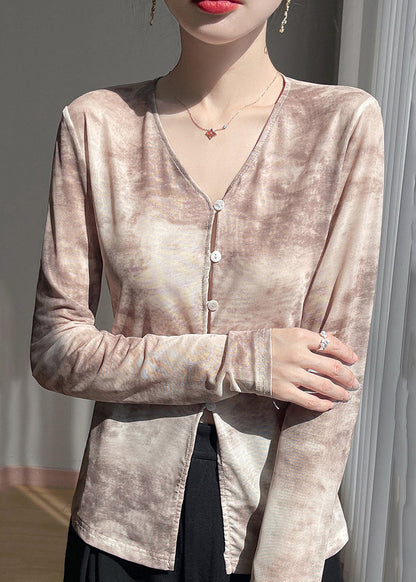 V T Fall Print Shirts Tulle Button Neck Khaki