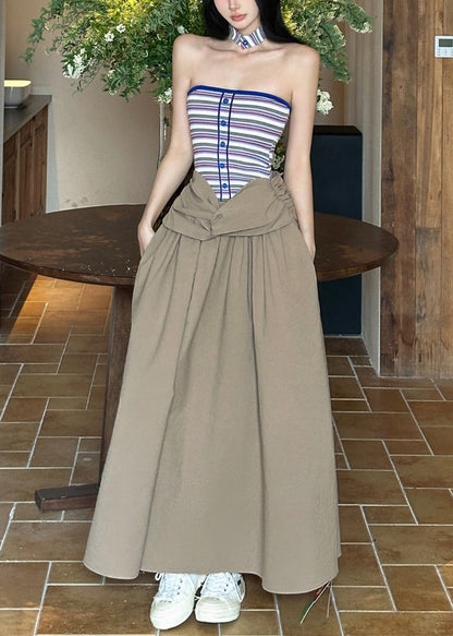 Cold Dresses Khaki Sleeveless Shoulder Maxi Wrinkled