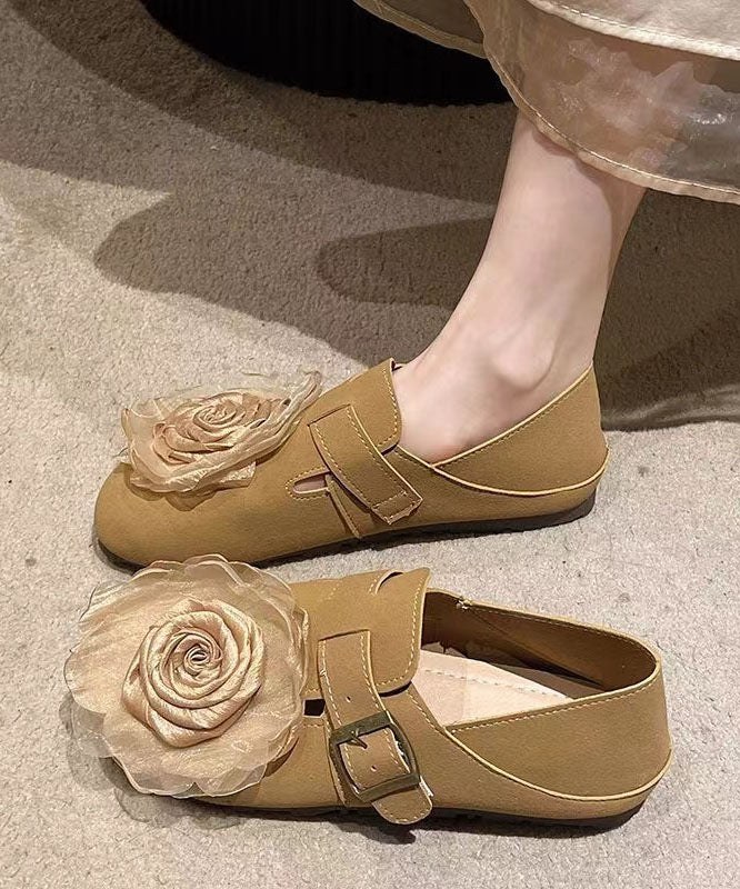 Khakifarbene, weiche flache Schuhe aus Kunstleder mit Blumenmuster für Damen DD1065