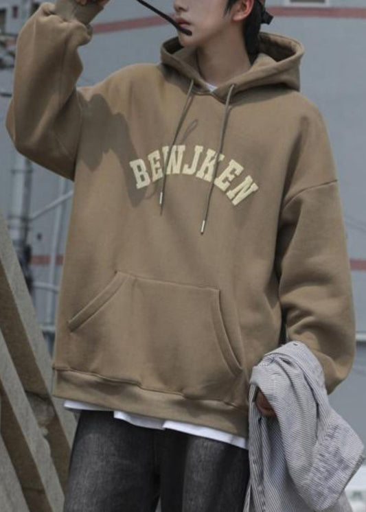 Khaki Letter Pockets Cotton Men Sweatshirts Hooded Spring YQ032