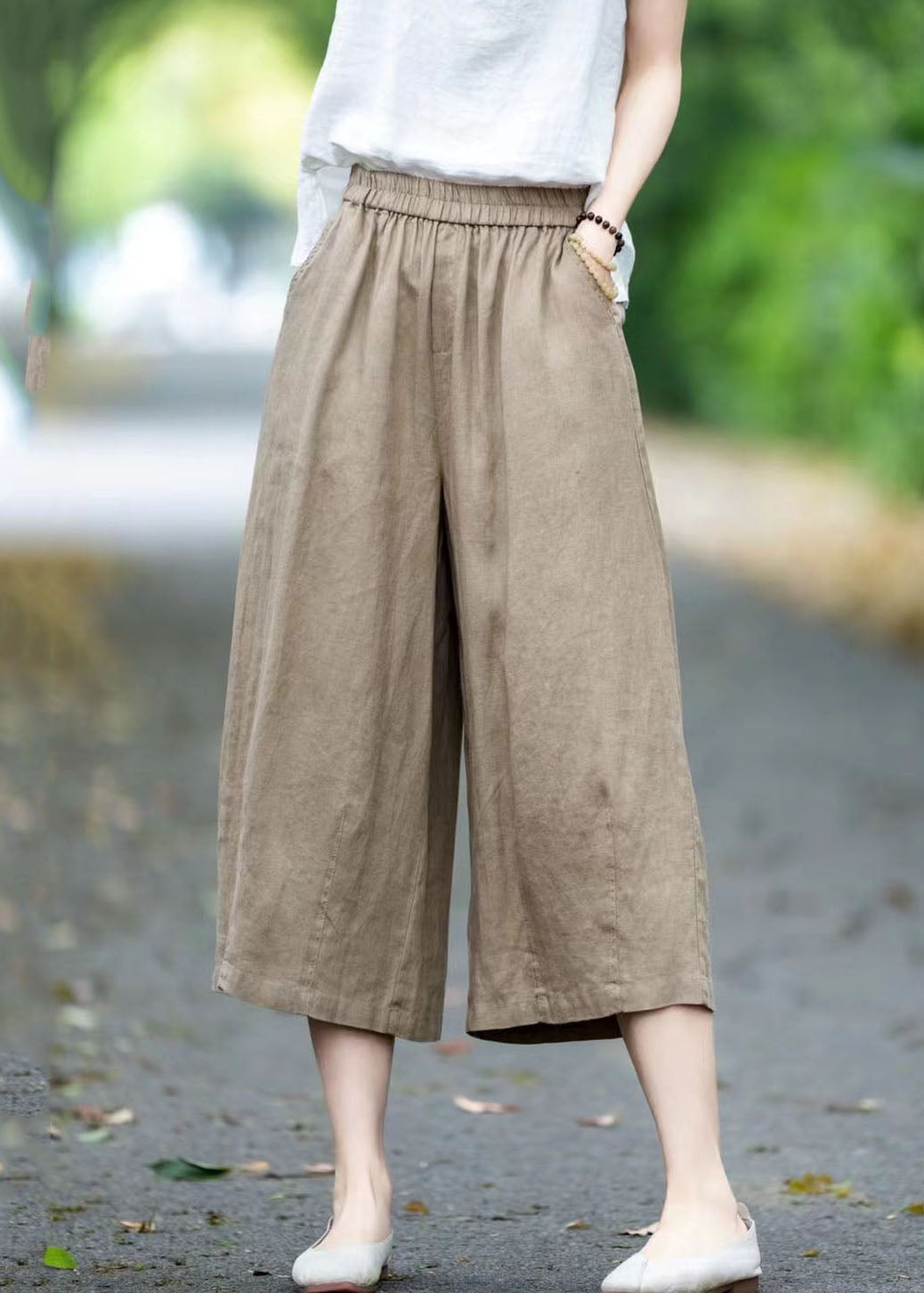 Linen Summer Crop Pockets Khaki Pants Oversized