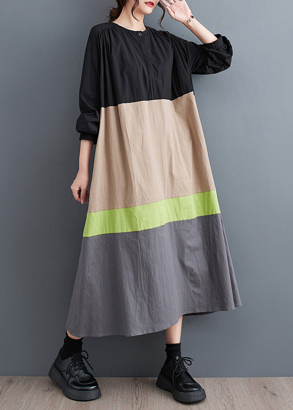 Khaki Loose Patchwork Cotton Long Dresses O Neck Fall QA045