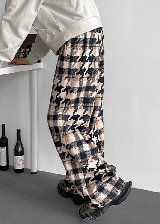 Elastic Waist Pockets Cotton Khaki Men Pants Plaid