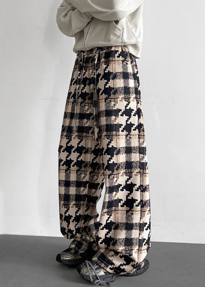 Elastic Waist Pockets Cotton Khaki Men Pants Plaid