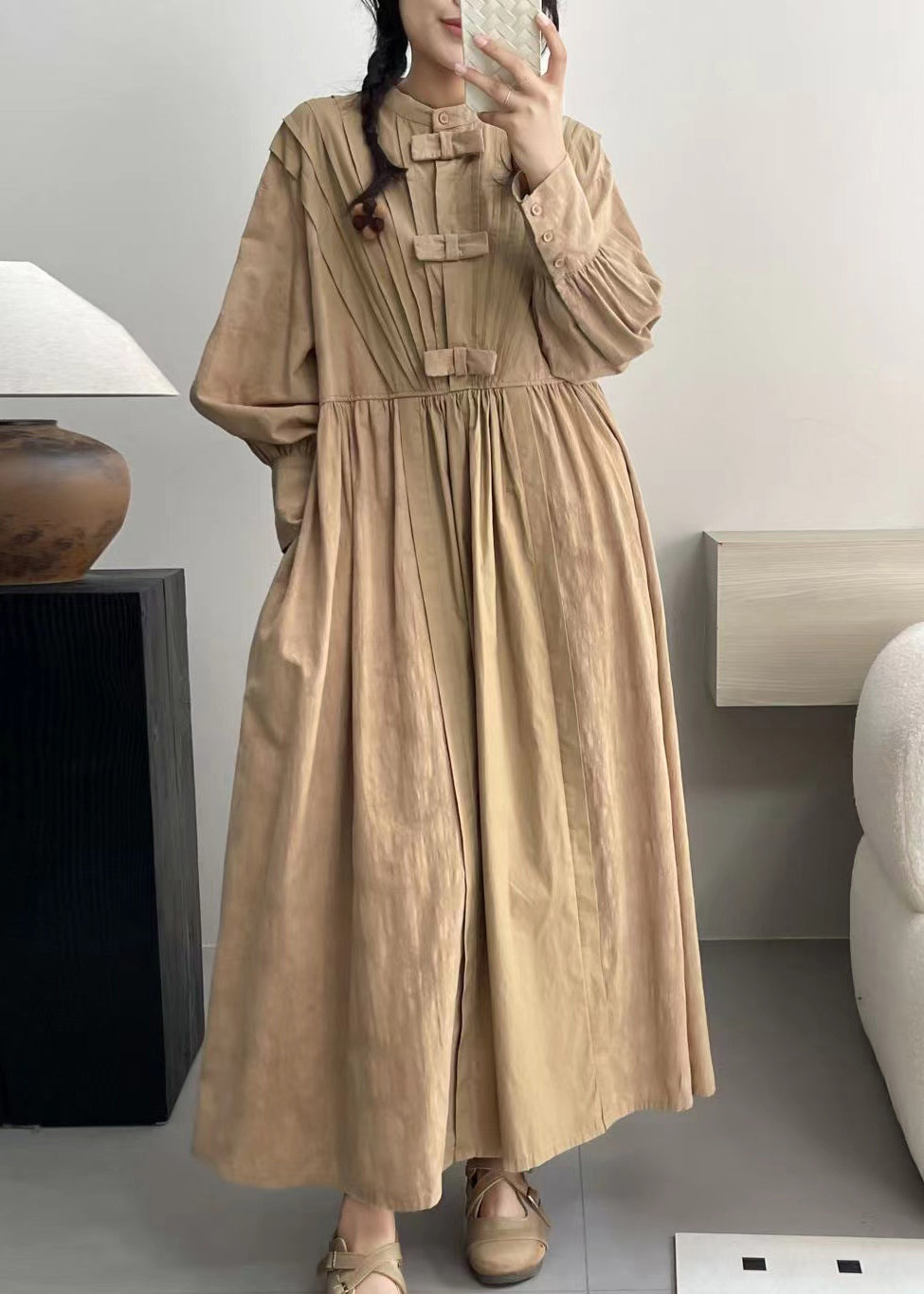 Khaki Pockets Solid Cotton Dresses Stand Collar Spring VV077