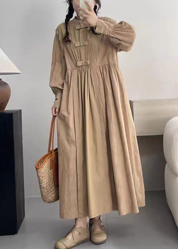 Khaki Pockets Solid Cotton Dresses Stand Collar Spring VV077