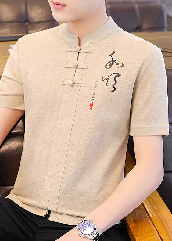 Khaki Stand Cotton Mens T Print Collar Shirt Button Summer