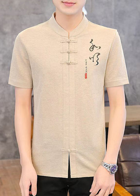 Khaki Stand Cotton Mens T Print Collar Shirt Button Summer