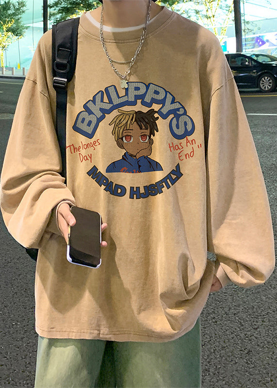 Shirts Khaki Cotton Loose Mens Neck Print Spring O T