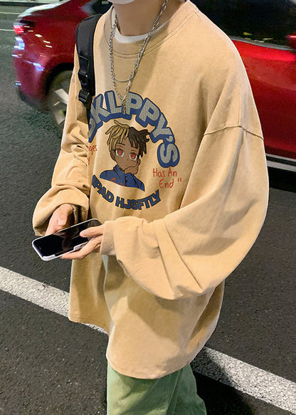 Shirts Khaki Cotton Loose Mens Neck Print Spring O T