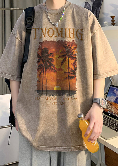 O Shirt Khaki Half Neck Sleeve Cotton Men T Oversized Print