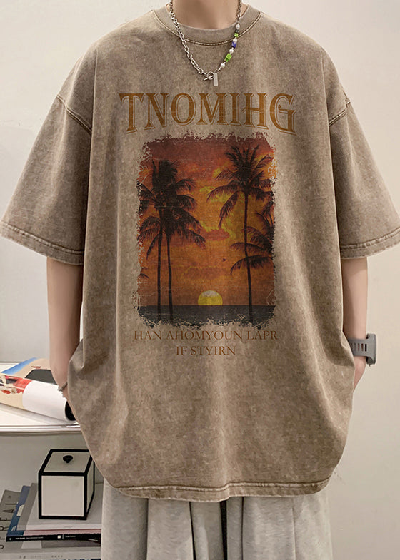 O Shirt Khaki Half Neck Sleeve Cotton Men T Oversized Print