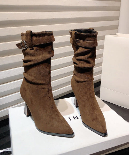 Khaki Wrinkled Splicing Suede Chunky Boots Pointed Toe TE008