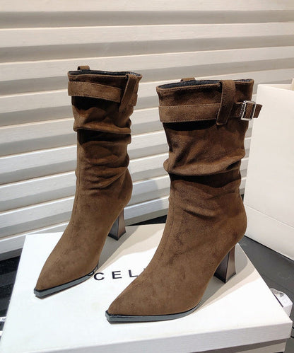 Khaki Wrinkled Splicing Suede Chunky Boots Pointed Toe TE008