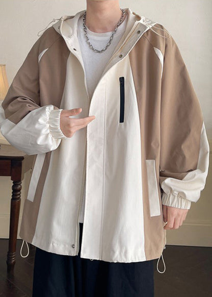Coat Khaki Patchwork Hooded Men Spring Pockets Cotton Zippered