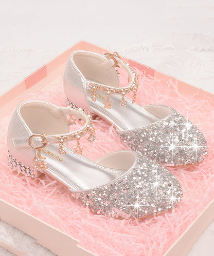 Leather Girls Princess Strap Kids Zircon Flats Buckle Silver Faux