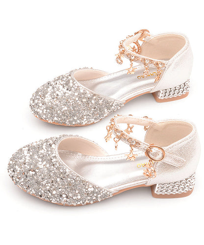 Leather Girls Princess Strap Kids Zircon Flats Buckle Silver Faux