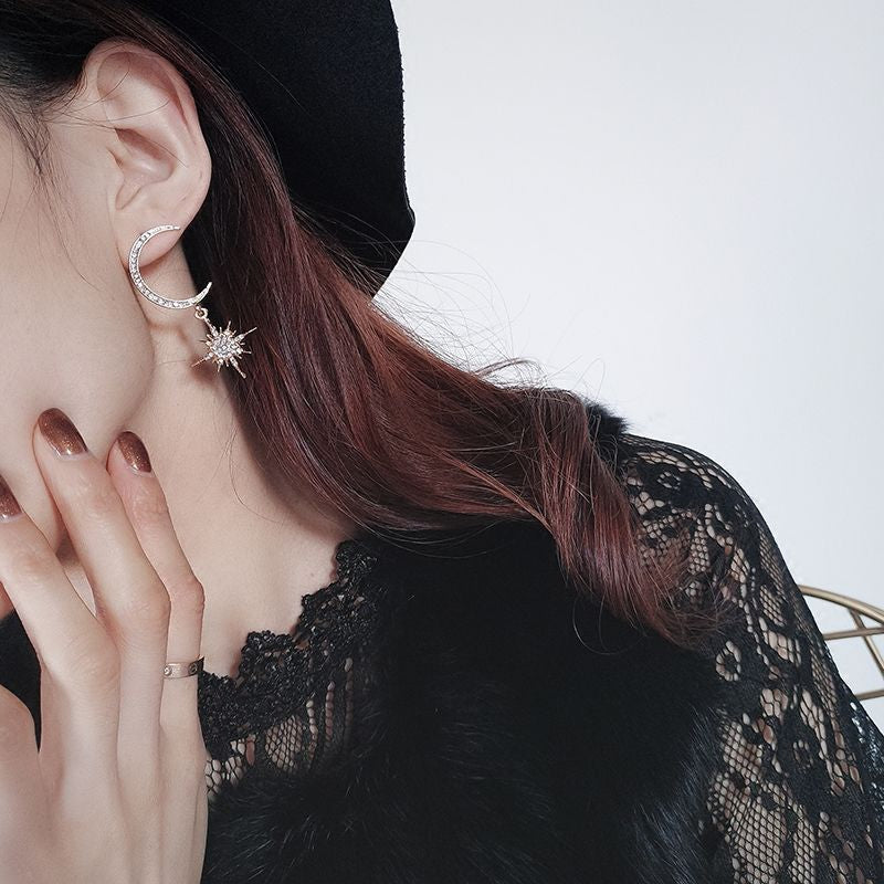 Rhinestone Drop Earring Star and Moon