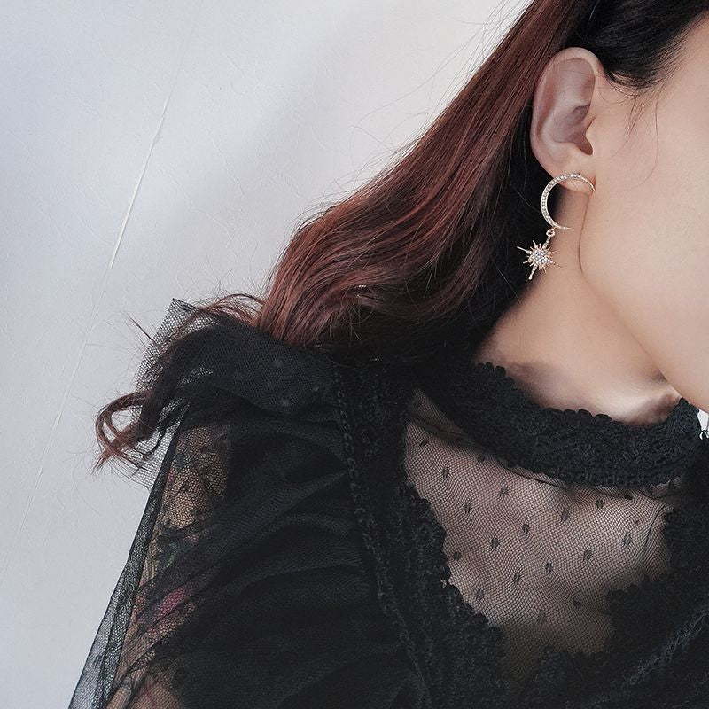 Rhinestone Drop Earring Star and Moon