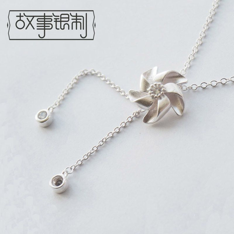 Sterling Silver Rhinestone Windmill 925 Pendant Necklace