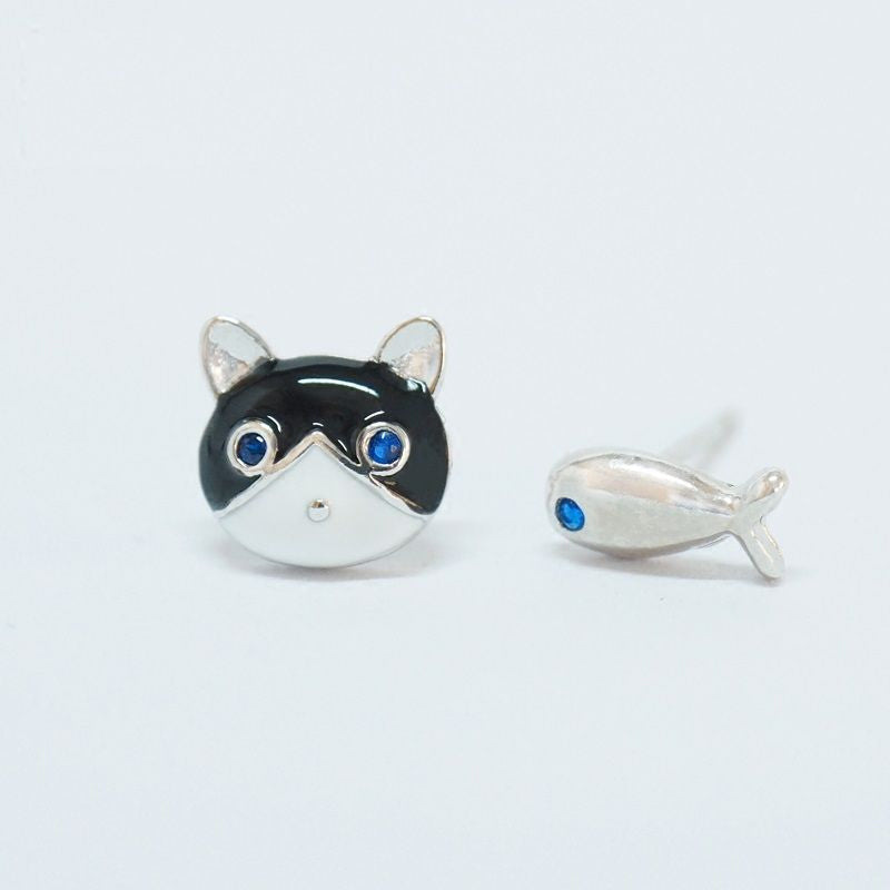 Sterling Earring Non-matching 925 Cat and Silver Fish
