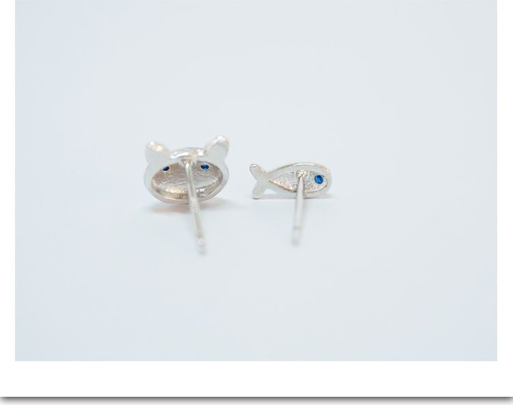 Sterling Earring Non-matching 925 Cat and Silver Fish