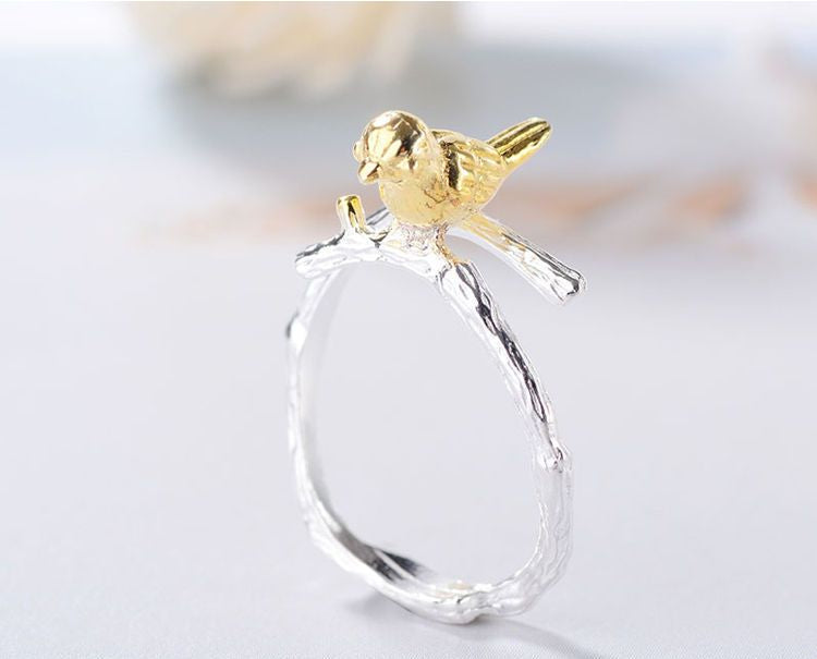 Bird Sterling Open Silver Plated Gold Ring 925