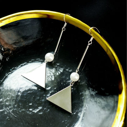 Earring Silver Dangle Sterling Faux Pearl Triangle
