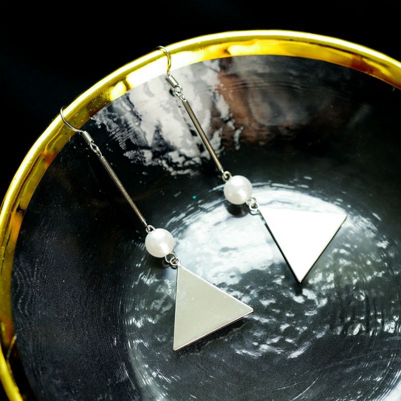 Earring Silver Dangle Sterling Faux Pearl Triangle
