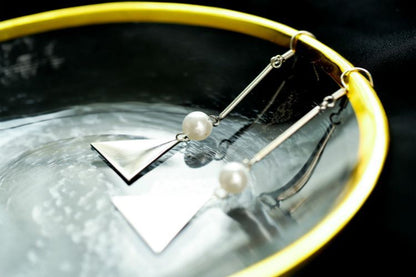 Earring Silver Dangle Sterling Faux Pearl Triangle