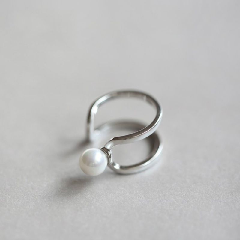Layered Ring Open Silver Faux Sterling Pearl
