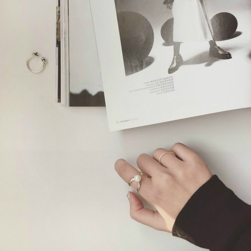 Layered Ring Open Silver Faux Sterling Pearl