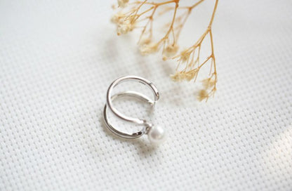 Layered Ring Open Silver Faux Sterling Pearl