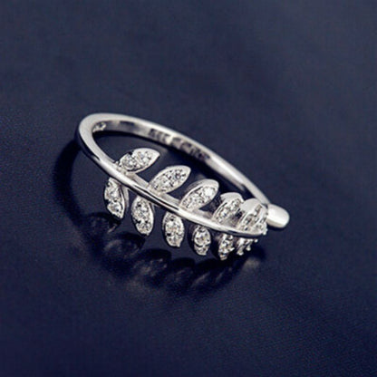 Ring Rhinestone Leaf Sterling Silver Open