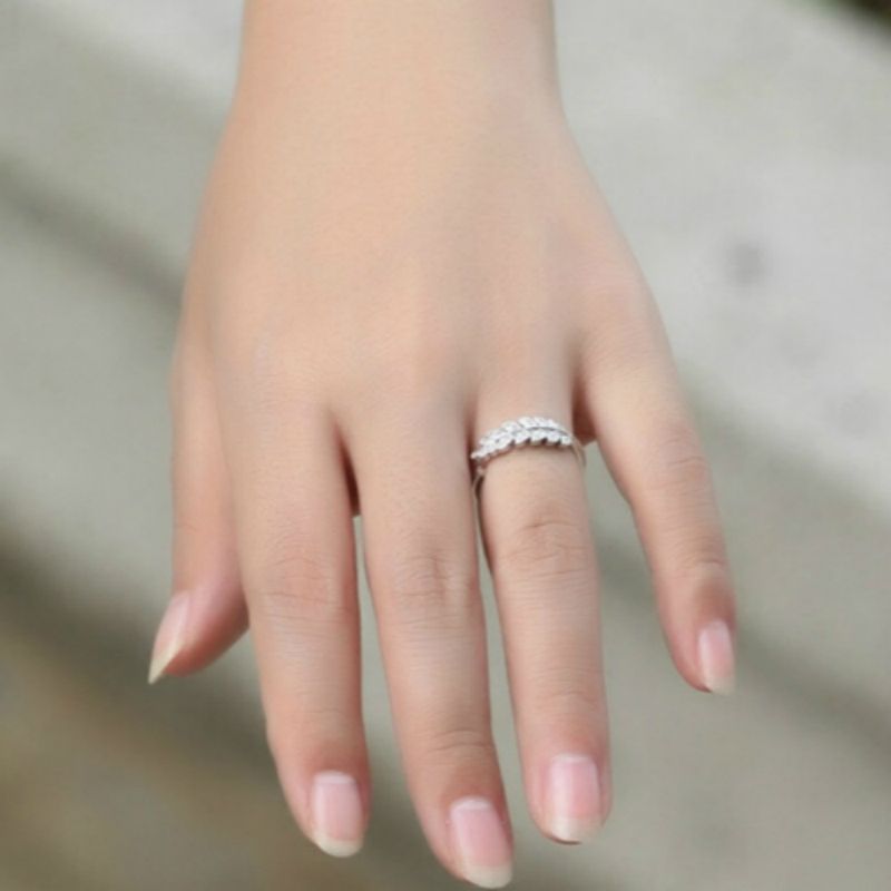 Ring Rhinestone Leaf Sterling Silver Open