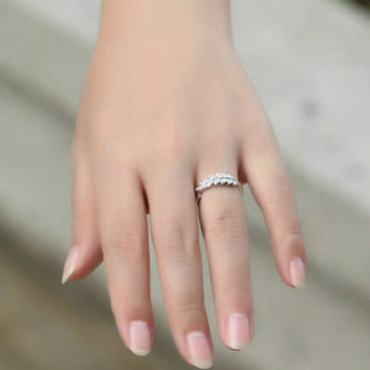 Ring Rhinestone Leaf Sterling Silver Open