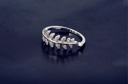 Ring Rhinestone Leaf Sterling Silver Open